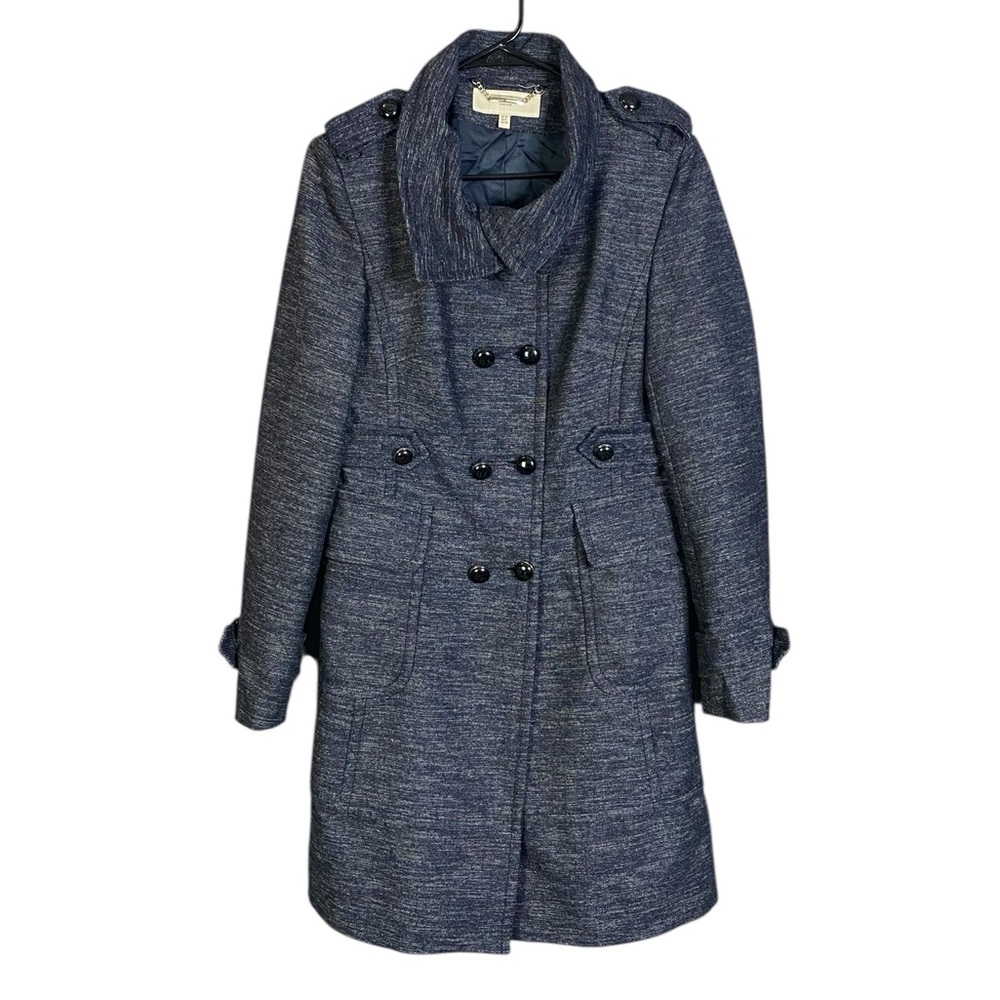 KAREN MILLEN - Navy Blue Wool Blend Button Fastening Funnel Neck Coat - Size 8 - Picture 2 of 7